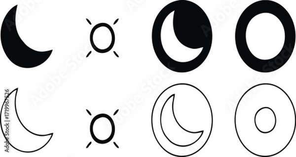 Fototapeta Set of moon and sun icons in black and white line style, including crescent moon, circle, and shining sun symbols representing night, day, astronomy, astrology, space, and celestial design
