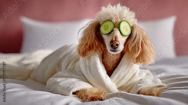 Fototapeta Poodle is wearing cucumber eye masks and a white robe. The dog is laying on a bed
