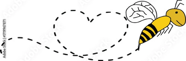 Fototapeta Cute flying bee with dotted heart shaped trail representing love, romance, nature, spring, honeybee, pollination, playful insect, affection, and environmental ecology illustration design