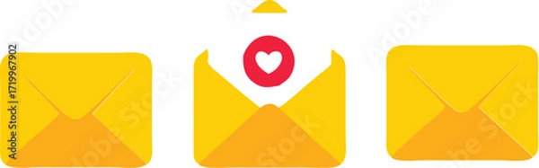 Fototapeta Yellow envelope icons with open love letter and heart symbol representing email, message, communication, romantic mail, correspondence, digital chat, and relationship connection concept