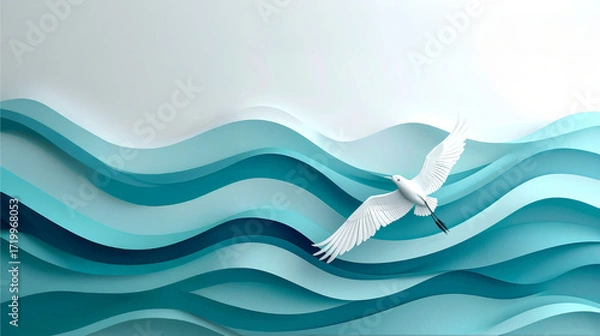 Fototapeta A digital art rendering of a bird in flight over abstract, layered waves. This image captures concepts of tranquility, nature, freedom, and environmental sustainability.
