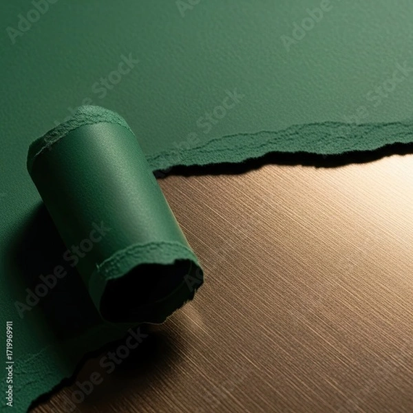 Fototapeta A roll of green paper partially unrolled on a textured golden surface