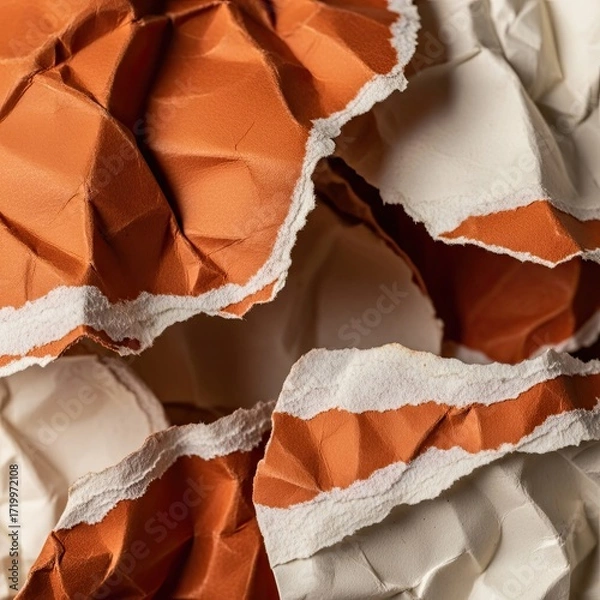 Fototapeta Closeup of crumpled orange and white paper with rough edges and shadows