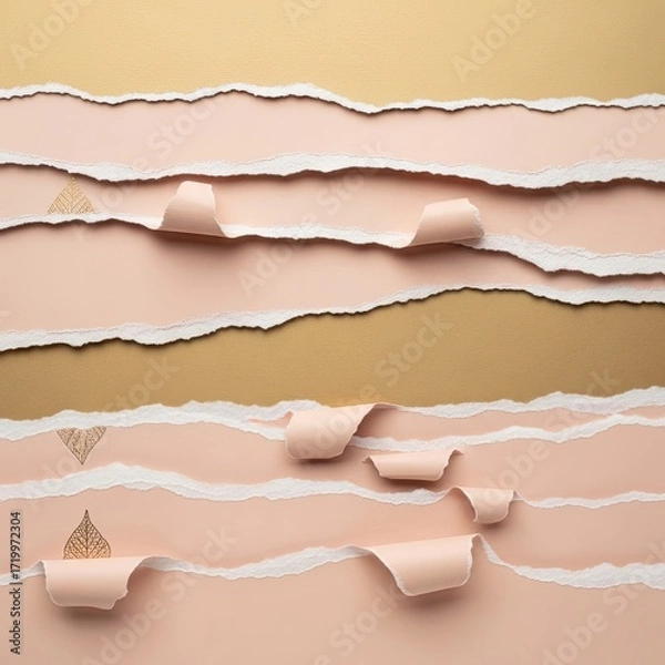 Fototapeta Creative paper art with torn edges and rolled elements on gold background