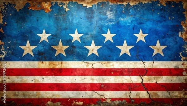 Fototapeta Weathered American flag with circular stars and distressed textures.