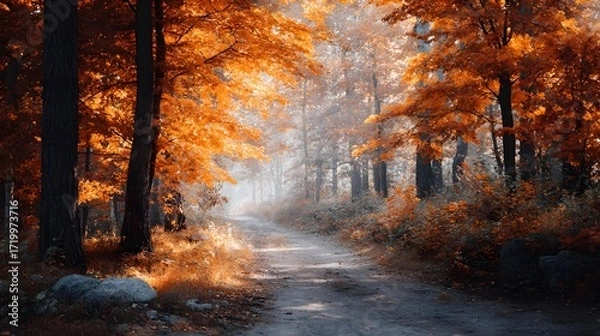 Fototapeta A winding dirt path through a misty autumn forest bathed in warm glowing sunlight filtering through vibrant orange and red foliage