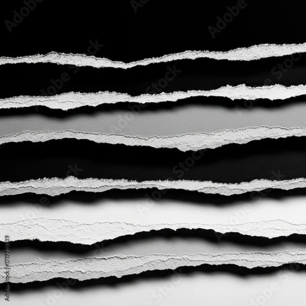 Fototapeta Torn paper strips arranged in a layered pattern on a black background