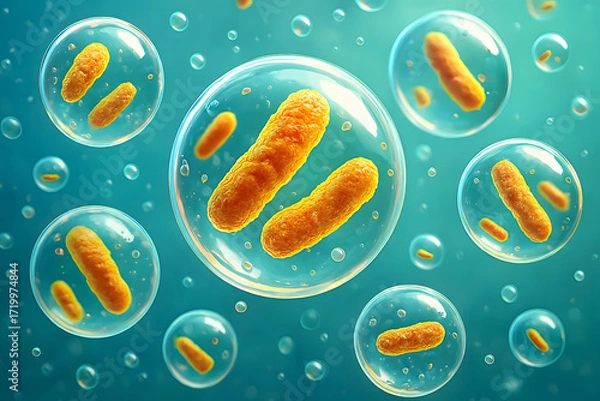 Obraz An illustration of orange bacteria or microorganisms inside transparent bubbles.