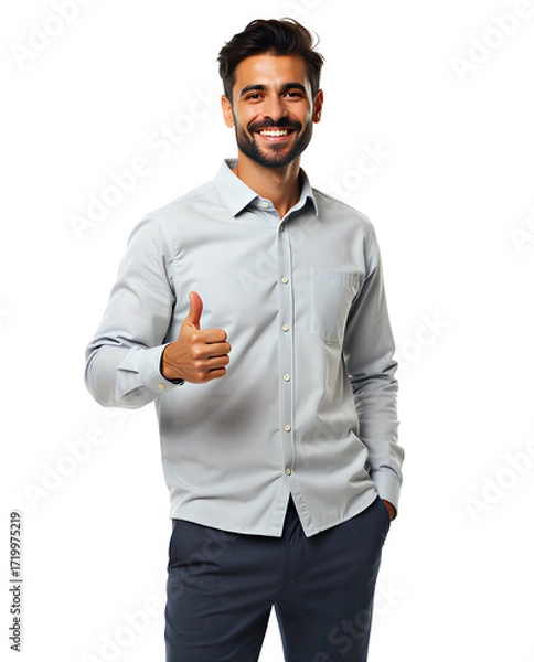 Fototapeta Happy and confident young man giving a thumbs-up gesture, isolated on a transparent background