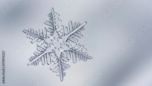 Fototapeta Delicate snowflake detail on soft white surface, showcasing intricate patterns, ideal for winter themes or decorative use.