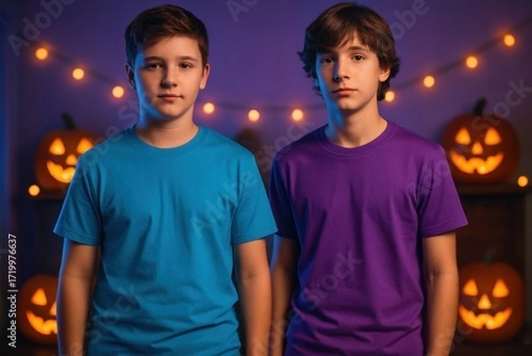 Fototapeta Photorealistic mockup of an empty t-shirt on a two boys with Halloween neon glow, pumpkins, and cozy festive vibe.