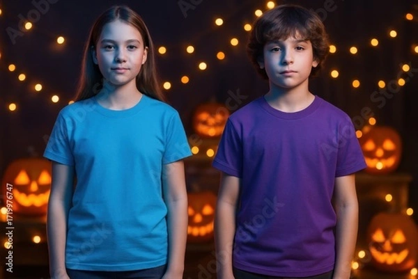 Fototapeta Photorealistic mockup of an empty t-shirt on a girl and a boys with Halloween neon glow, pumpkins, and cozy festive vibe.