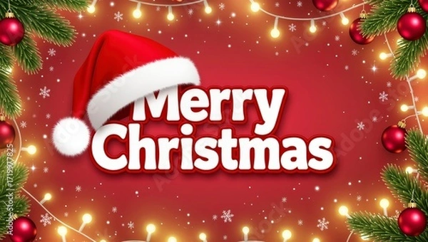 Fototapeta Festive holiday greeting, colorful Merry Christmas text with sparkling lights and decorative elements, perfect for seasonal cards.