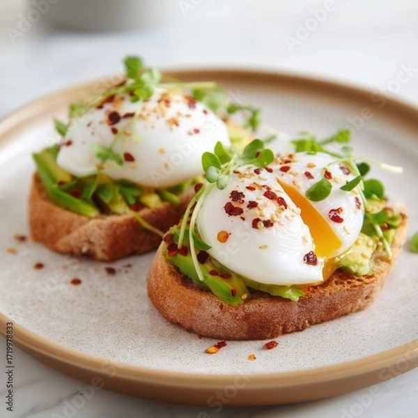 Fototapeta Avocado toast with poached eggs, topped with chili flakes and microgreens, healthy gourmet breakfast on whole grain bread, clean eating brunch concept