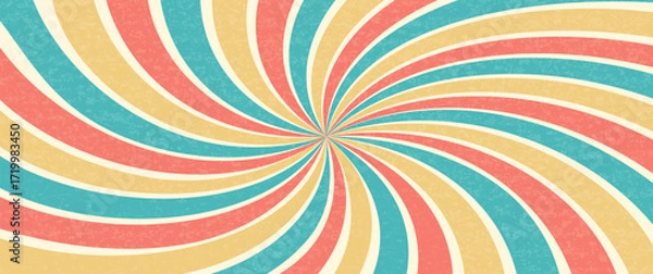 Fototapeta Swirl groovy starburst background, retro spiral carnival pattern. Candy radial color bg, abstract funky print. Disco stripe rays poster, wavy twist line grunge effect wallpaper. Vector illustration