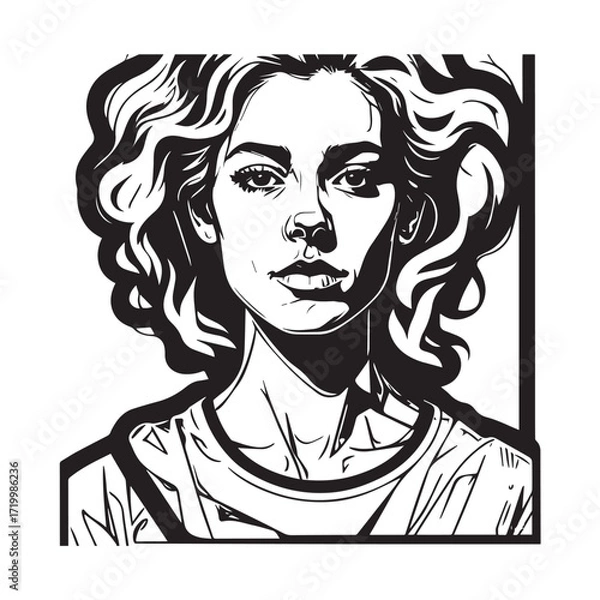 Fototapeta Black and white close up illustration of a beautiful woman face minimalist elegant line art drawing