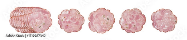 Fototapeta Sliced smoked sausage spiced with pepper, set of cross section isolated on white background top view