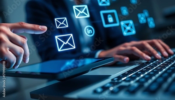 Fototapeta Person using tablet and laptop with glowing email and Linked In icons connected message communication