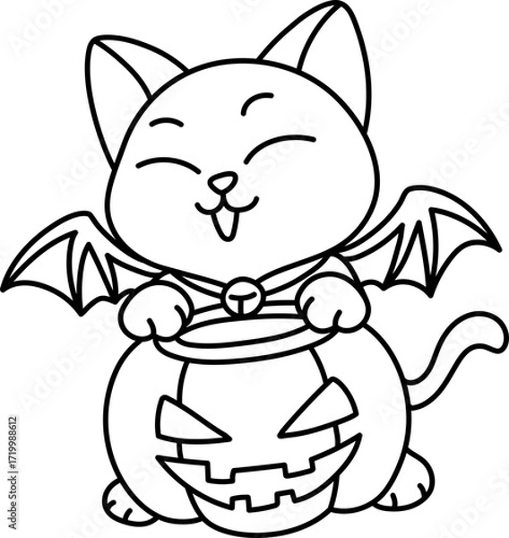 Fototapeta Bat Cat with Jack O'Lantern Bucket (Coloring Page Outline Illustration).svg