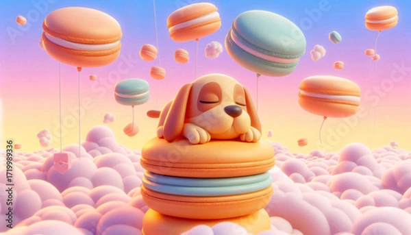 Fototapeta A dog sleeping on a stack of giant macarons floating in pastel skies.