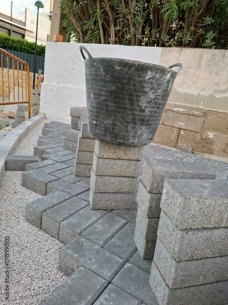Fototapeta Stone tiles and construction basket during pavement laying process in urban area
