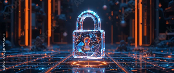 Fototapeta Cybersecurity sphere with 4D lock embedded in its core, radiating golden beams on deep navy background, golden and purple glowing lauer around the lock,