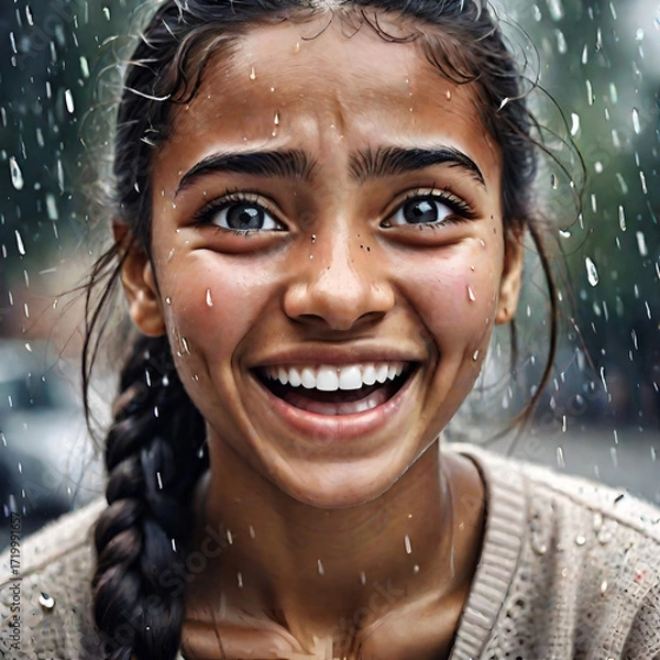 Fototapeta A random photo effect of a young woman from a multicultural community, her eyes full of tears of joy and positive emotions, a sense of happiness. Captures the essence of the moment.