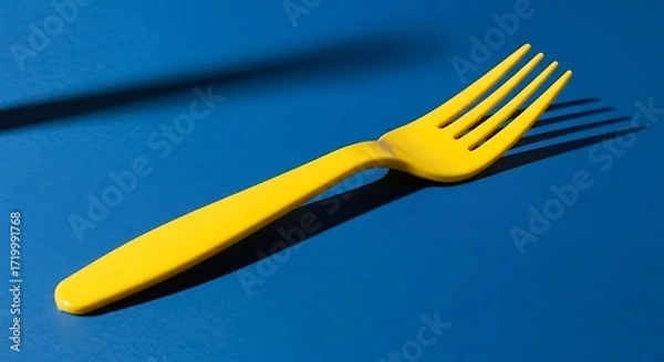 Fototapeta Bright Yellow Fork Casting a Shadow on a Vibrant Blue Surface