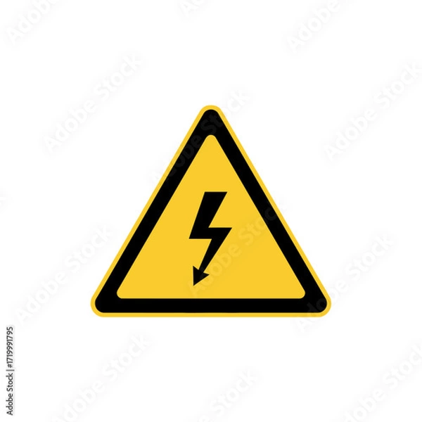 Fototapeta Warning sign with a yellow triangle and a black lightning bolt, indicating high voltage.
