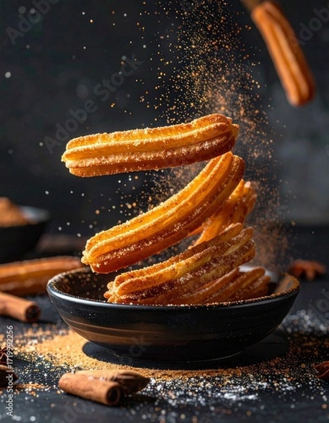Fototapeta Floating Mexican Churros with Cinnamon Sugar and Chocolate Dip Mid-Air