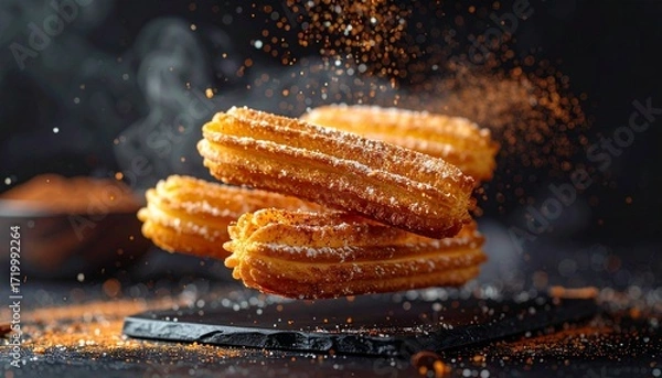 Obraz Floating Mexican Churros with Cinnamon Sugar and Chocolate Dip Mid-Air