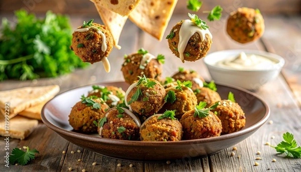 Fototapeta Levitating Falafel Balls with Tahini Drizzle, Fresh Parsley, and Pita Crumbs Mid-Air
