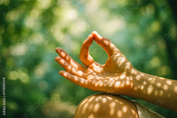 Fototapeta Outdoor meditation hand in Gyan mudra with dappled sunlight, green bokeh background