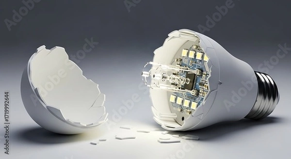 Fototapeta Broken LED Light Bulb Revealing Internal Circuitry and Components