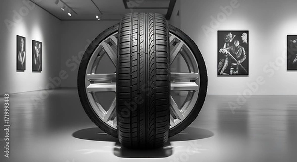Fototapeta Car Tire and Wheel Displayed as Art in a Gallery