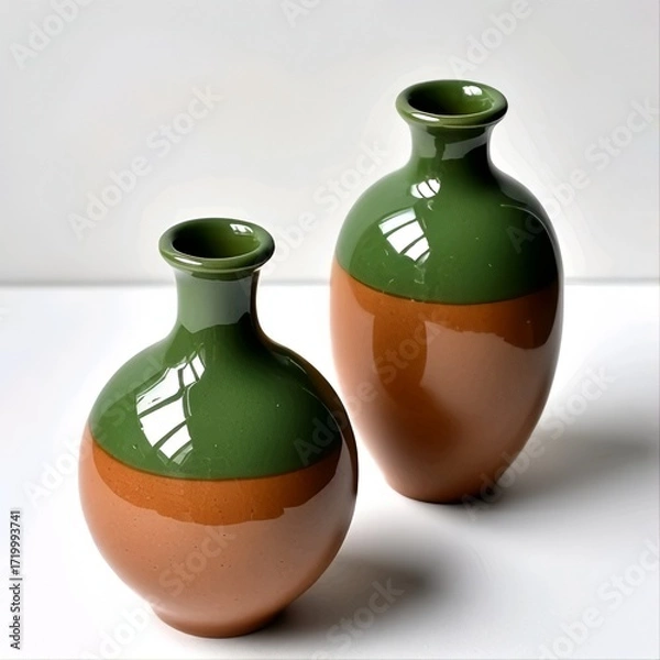 Fototapeta Title:
Two ceramic vases with glossy green tops and matte brown bottoms on white surface