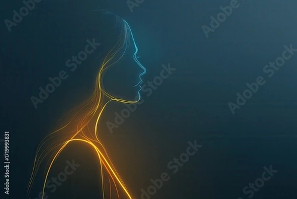 Obraz Neon line art woman's profile with glowing abstract details