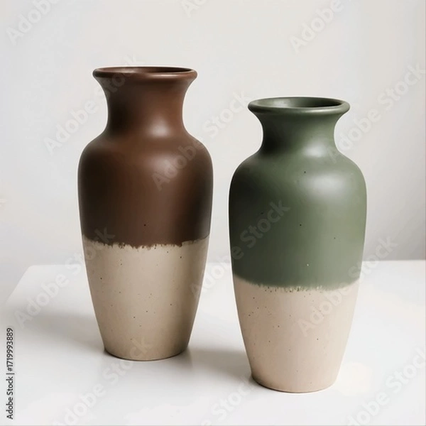 Fototapeta Title:
Two ceramic vases with brown and green tops and beige bottoms on white surface