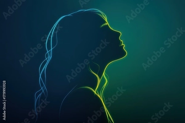 Obraz Neon line art of woman's profile with elegant glowing contours