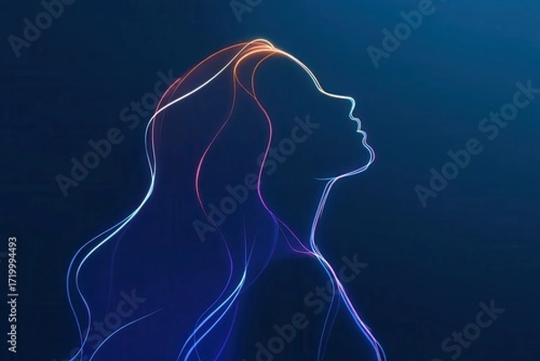 Obraz Neon line art female profile with glowing abstract silhouette
