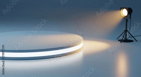 Obraz Illuminated Presentation White Podium with Spotlight Backlighting the Scene Ready to Showcase Products in a Modern Minimalist Studio