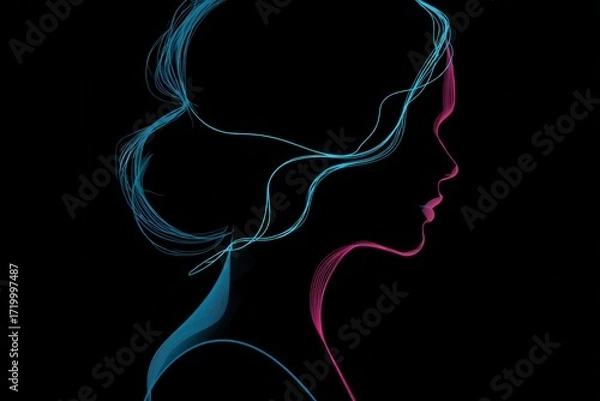 Obraz Neon line art of woman's elegant profile in abstract glow