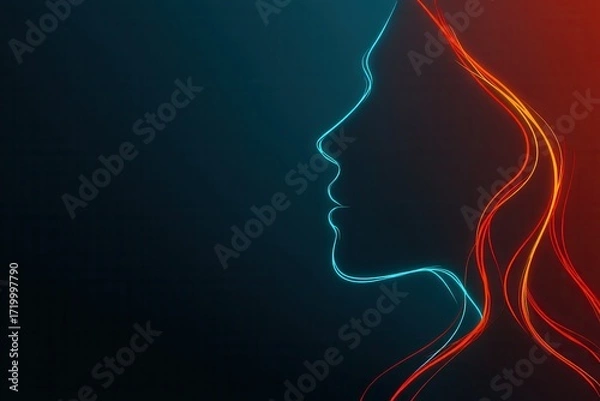 Obraz Neon line art: elegant woman's profile with glowing contours