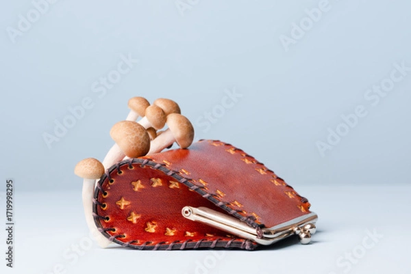 Fototapeta A leather wallet lies on a light blue surface, with small mushrooms sprouting from its surface. Environmentally friendly alternative to synthetic fibers. Future of ethical fashion. 