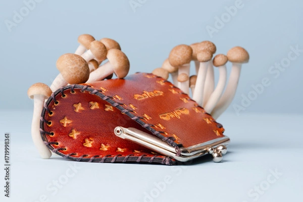 Fototapeta A leather wallet lies on a light blue surface, with small mushrooms sprouting from its surface. Future of ethical fashion. 