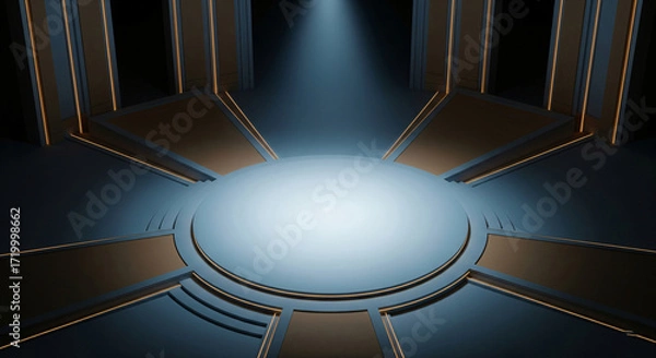 Obraz Futuristic Podium Arena with Striking Blue and Gold Color Palette and Illuminating Spotlight Displaying Technological Advancement and Sophistication