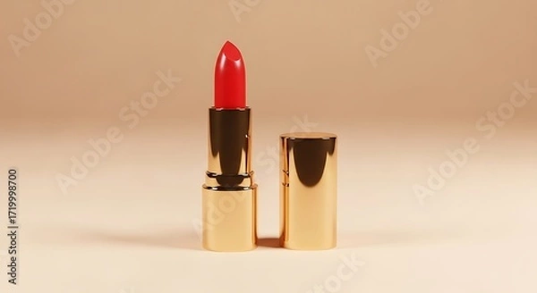Fototapeta Luxurious Red Lipstick with Golden Casing on a Neutral Background