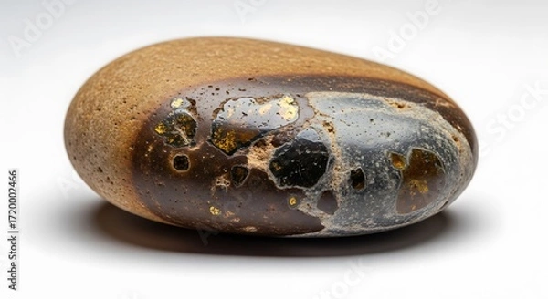 Fototapeta Smooth, Polished Stone with Amber and Gold Inclusions on White Background