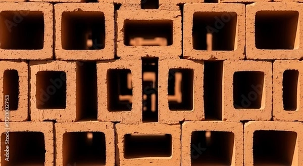 Fototapeta Stacked hollow clay bricks with square openings, close-up