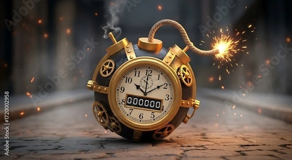 Fototapeta Steampunk Bomb Clock with Exploding Fuse and Sparks